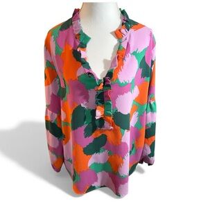 Michelle McDowell‎ Women’s Ruffle V-Neck Blouse Medium Colorful Abstract Print